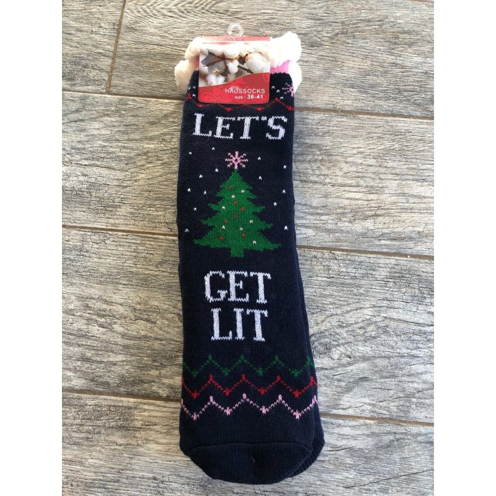 NWT‎ Slipper Socks Let's Get Lit Christmas Trees Holiday Lu Mei Stocking Stuffer